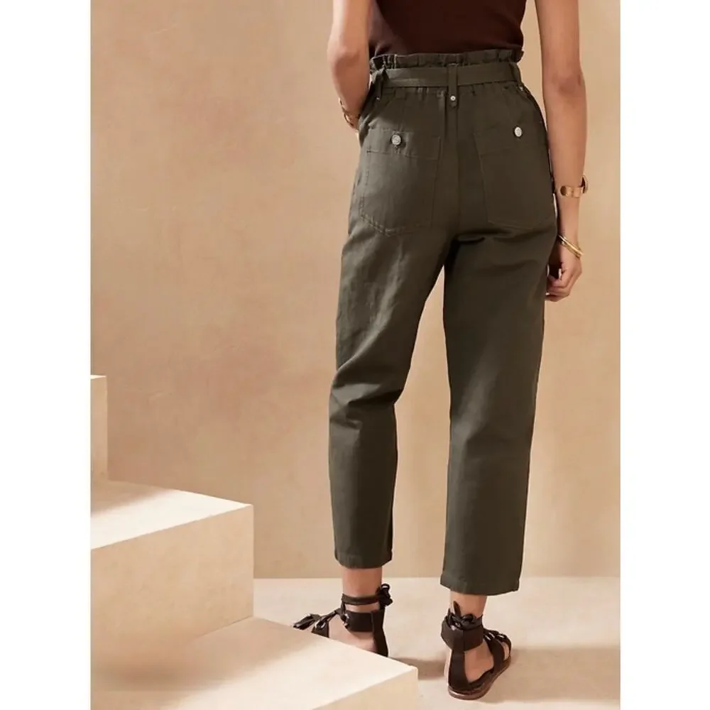 Banana Republic Women's Dark Olive Cotton-linen Blend Paperbag Pants Size 4P